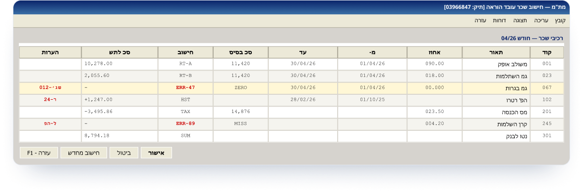 The legacy MT"M payroll screen — a dense table of 28 fields, cryptic error codes, and a prominent unguarded Approve button